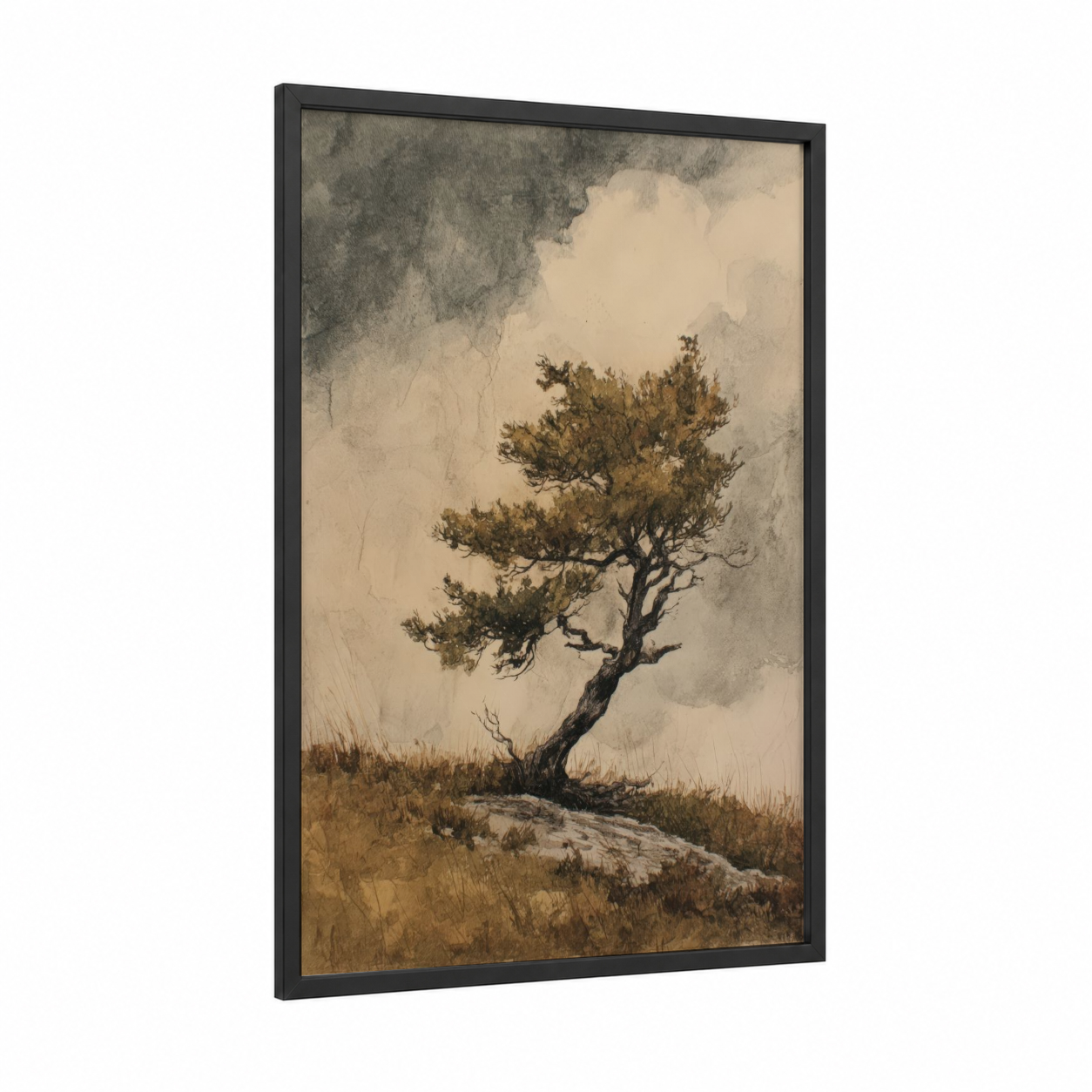 Windswept Juniper framed juniper tree print — black wood frame — gray and beige palette
