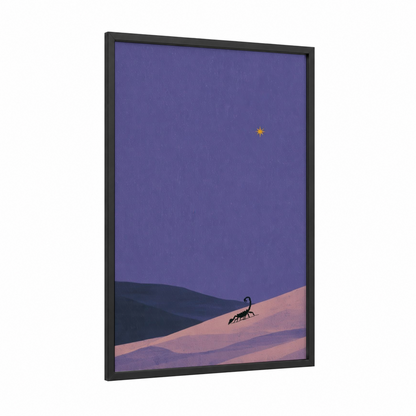 Desert Scorpio framed art print — black wood frame — purple and rose gold palette
