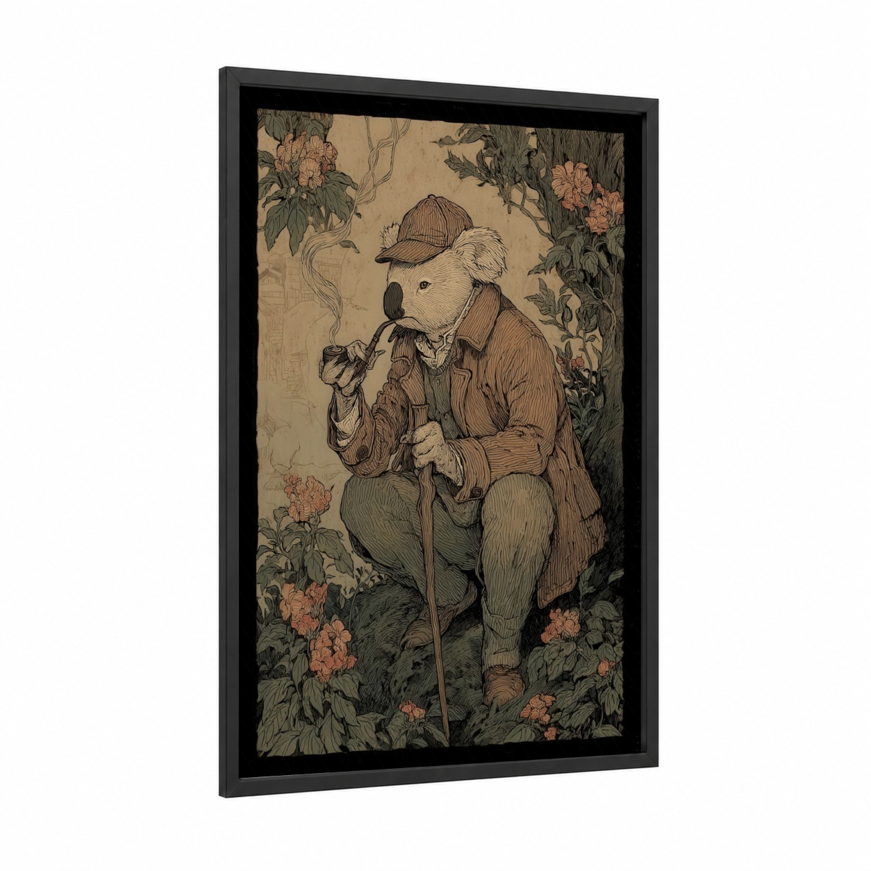 Gardening Koala framed art print — black wood frame — cream and dark green palette