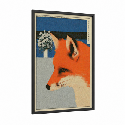 Crimson Fox Portrait framed japanese y2k print — black wood frame — red and blue and white palette