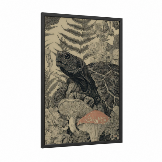 Botanical Turtle framed art print — black wood frame — black and white and cream palette