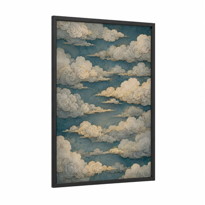 Japanese Cloud Sky Wall Art framed art print — black wood frame — blue and cream palette