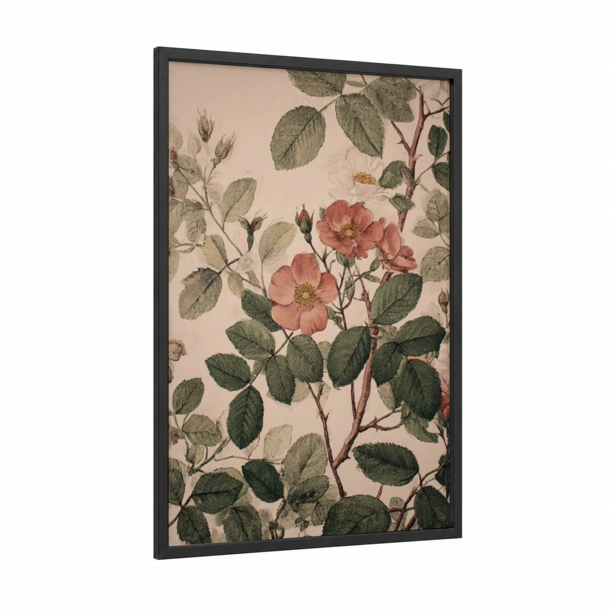 Botanical Rose Study framed leaf print — black wood frame — sage green and salmon pink palette