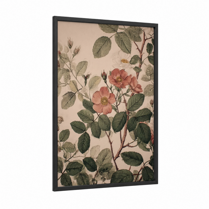 Botanical Rose Study framed leaf print — black wood frame — sage green and salmon pink palette