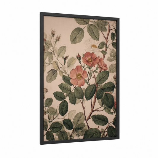 Botanical Rose Study framed leaf print — black wood frame — sage green and salmon pink palette