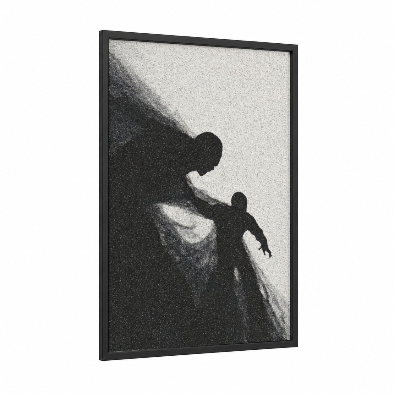 Dramatic Wrestling Match framed art print — black wood frame — black and white palette