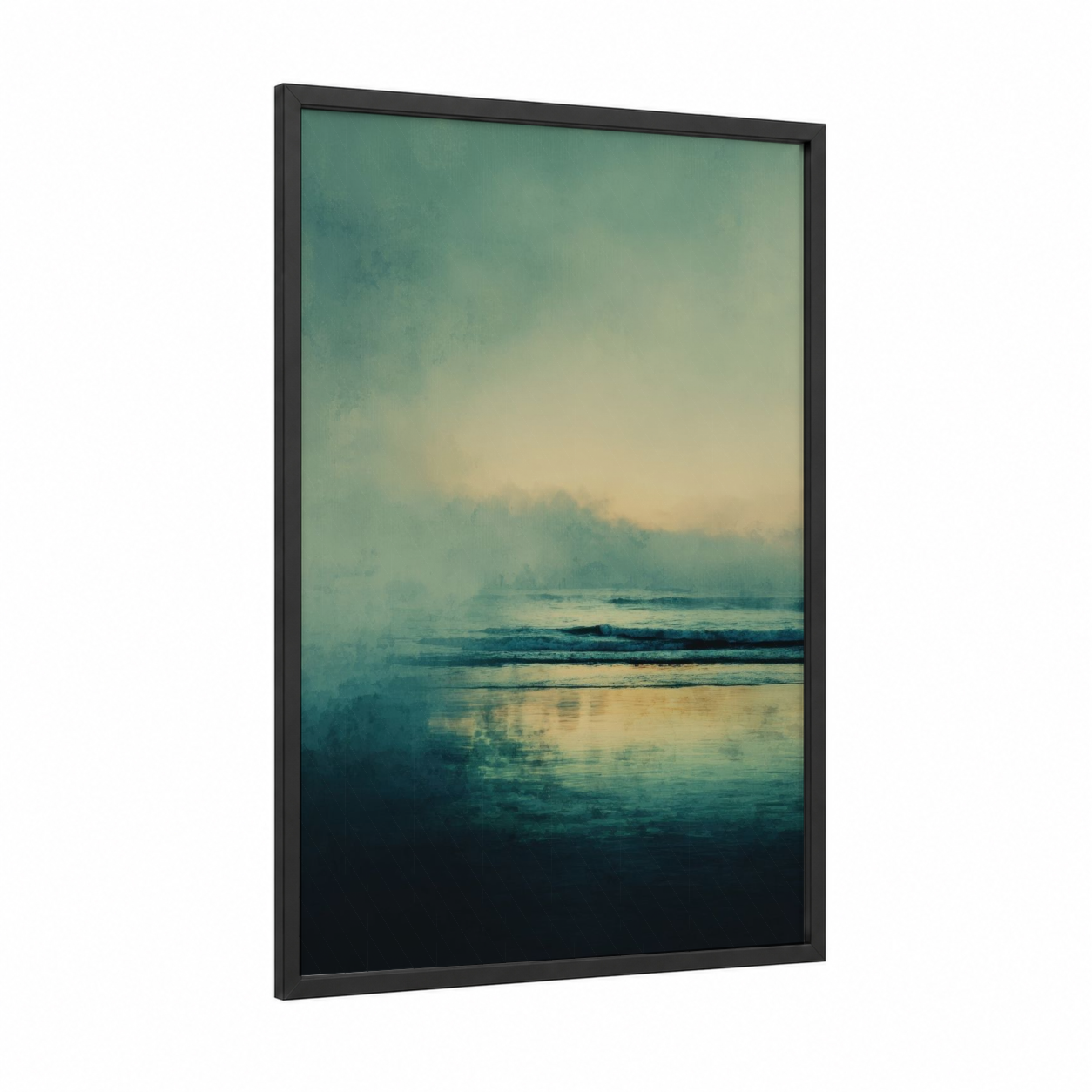 Misty Ocean Dawn framed seascapes and ocean print — black wood frame — teal and cream palette