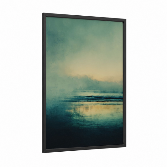 Misty Ocean Dawn framed seascapes and ocean print — black wood frame — teal and cream palette