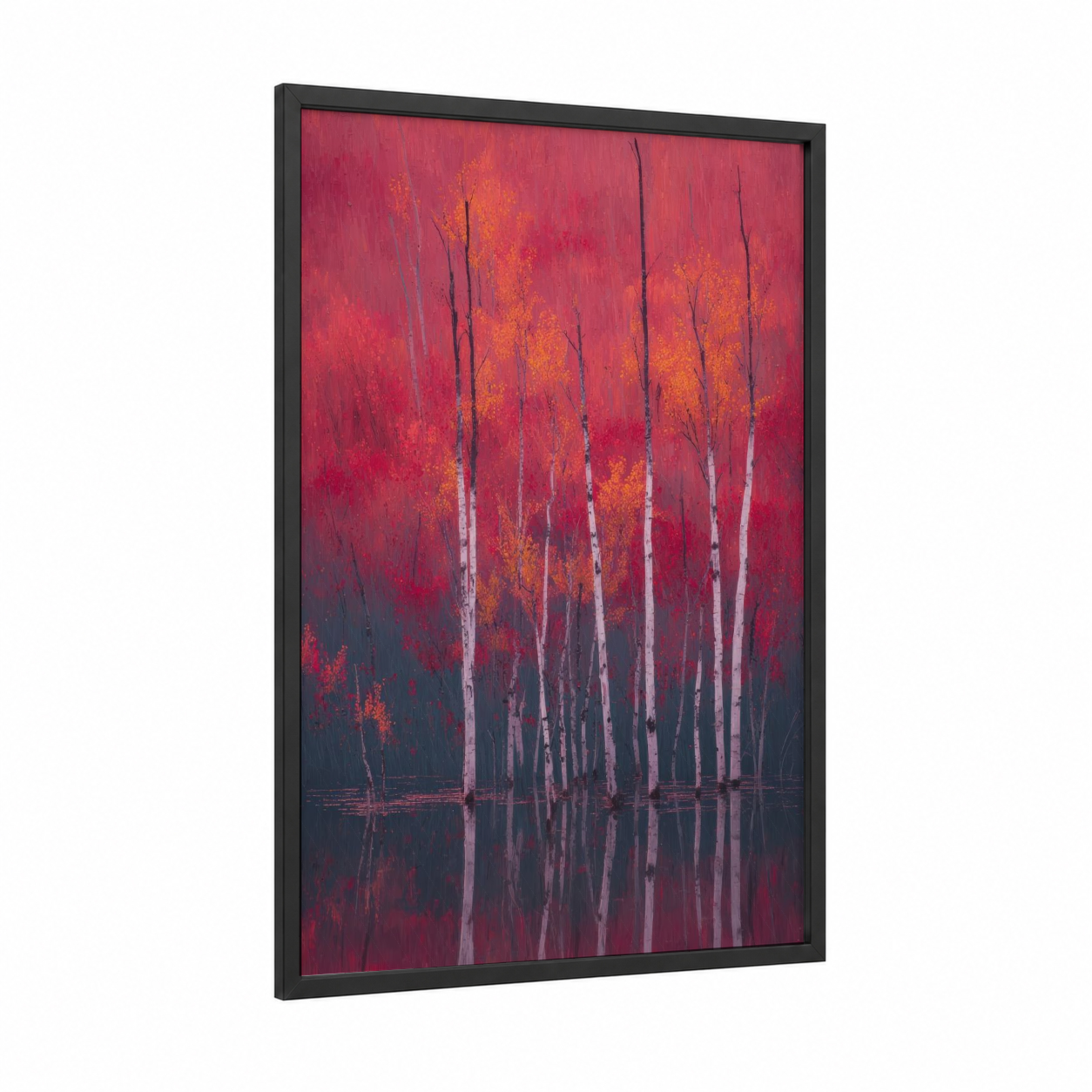 Crimson Birch Forest framed birch tree print — black wood frame — red and gold palette
