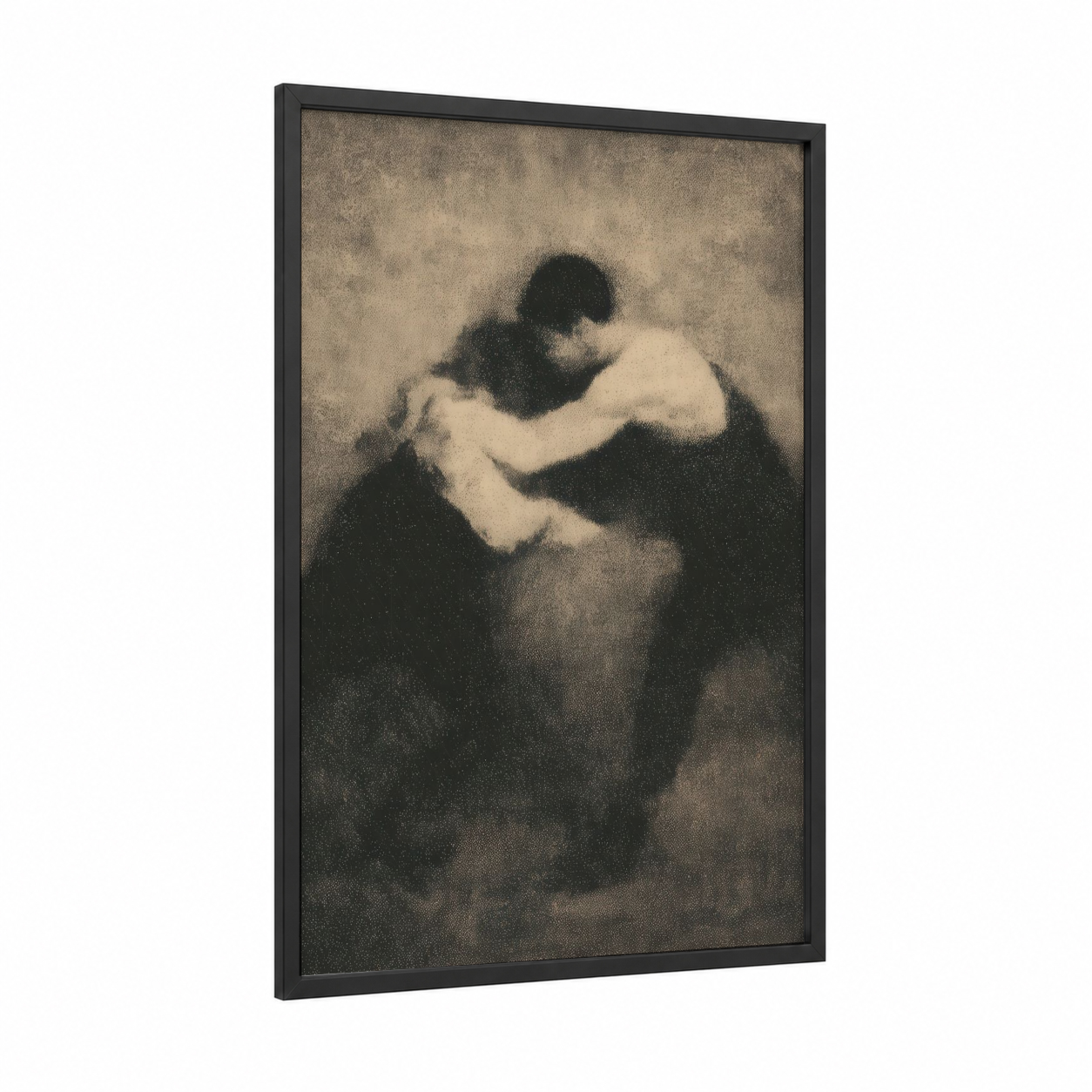 Grappling Embrace framed wrestling print — black wood frame — black and white and gray palette