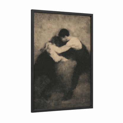Grappling Embrace framed wrestling print — black wood frame — black and white and gray palette