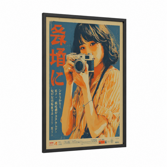 Vintage Photographer framed vintage japanese ads print — black wood frame — orange and teal palette