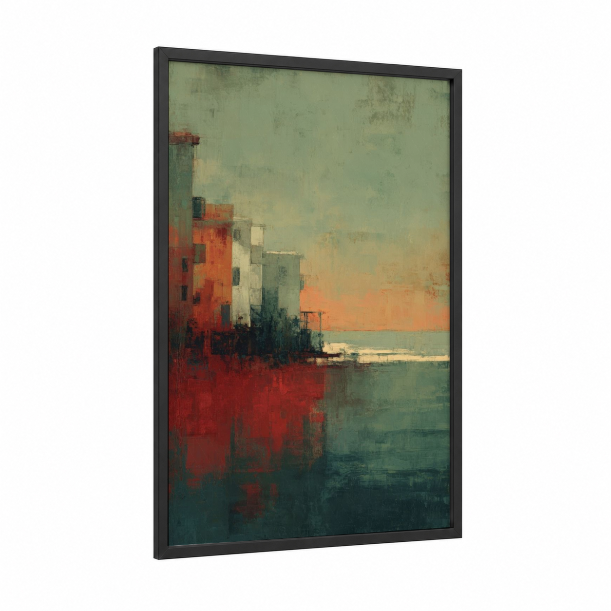 Coastal Warehouse Sunset framed beach town print — black wood frame — red and sage green palette