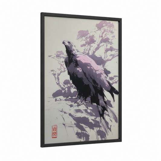 Majestic Eagle framed art print — black wood frame — lavender and black palette