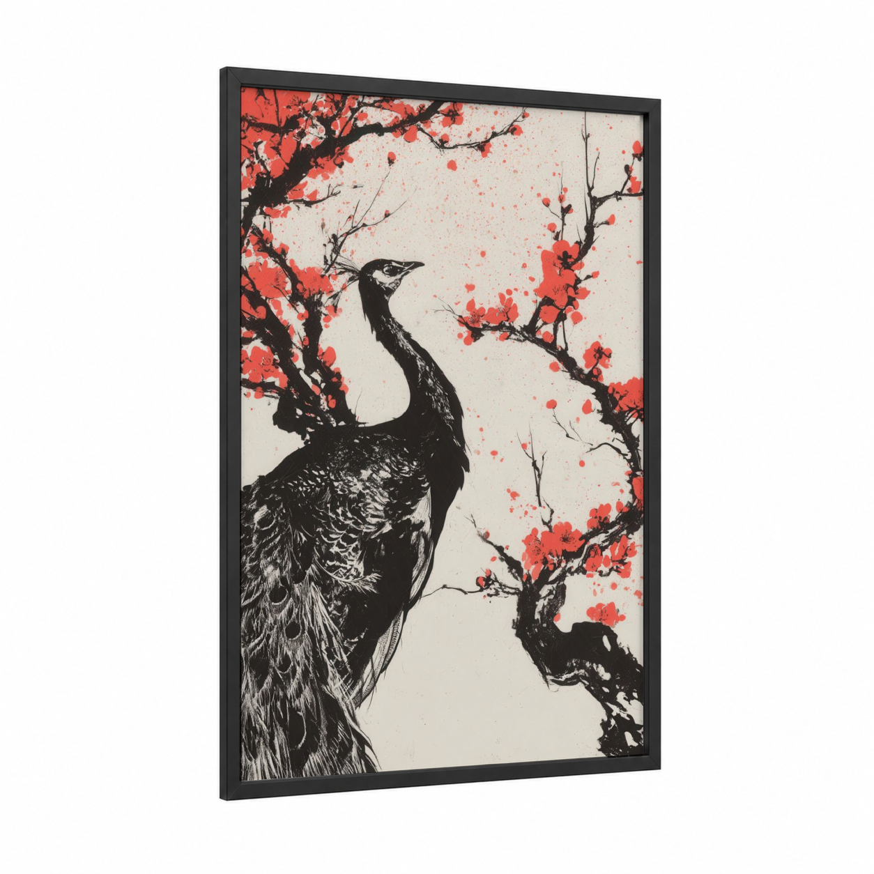 Crimson Peacock framed art print — black wood frame — black and red and cream palette