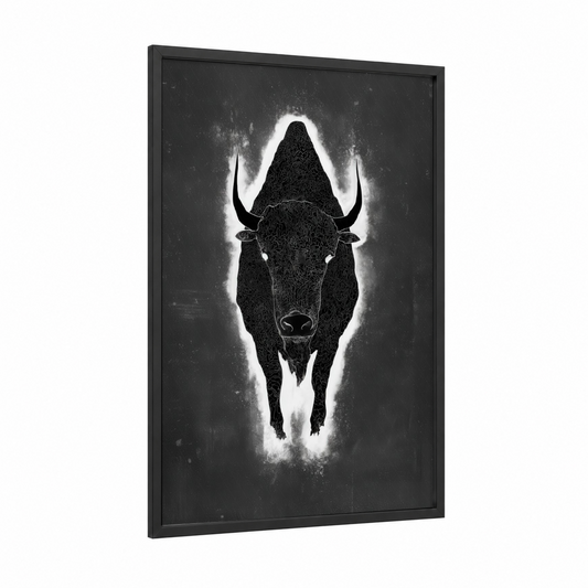 Celestial Bison framed art print — black wood frame — black and white palette