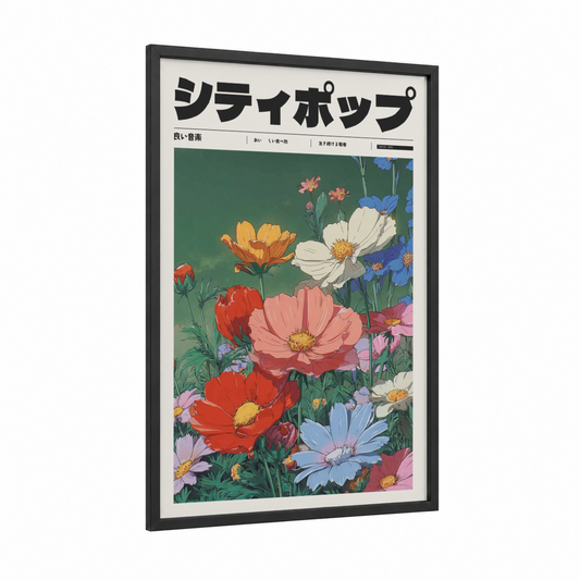 Blooming Retro Garden framed anime and manga print — black wood frame — true green and red palette