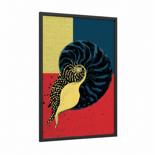 Golden Nautilus framed art print — black wood frame — yellow gold and dark blue palette