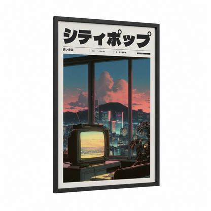 Neon City Dreams framed anime and manga print — black wood frame — pink and blue palette