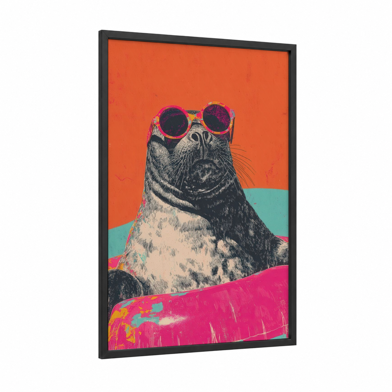 Cool Seal Vibes framed art print — black wood frame — orange and magenta palette