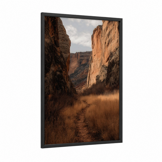 Golden Canyon Trail framed art print — black wood frame — russet and cream palette