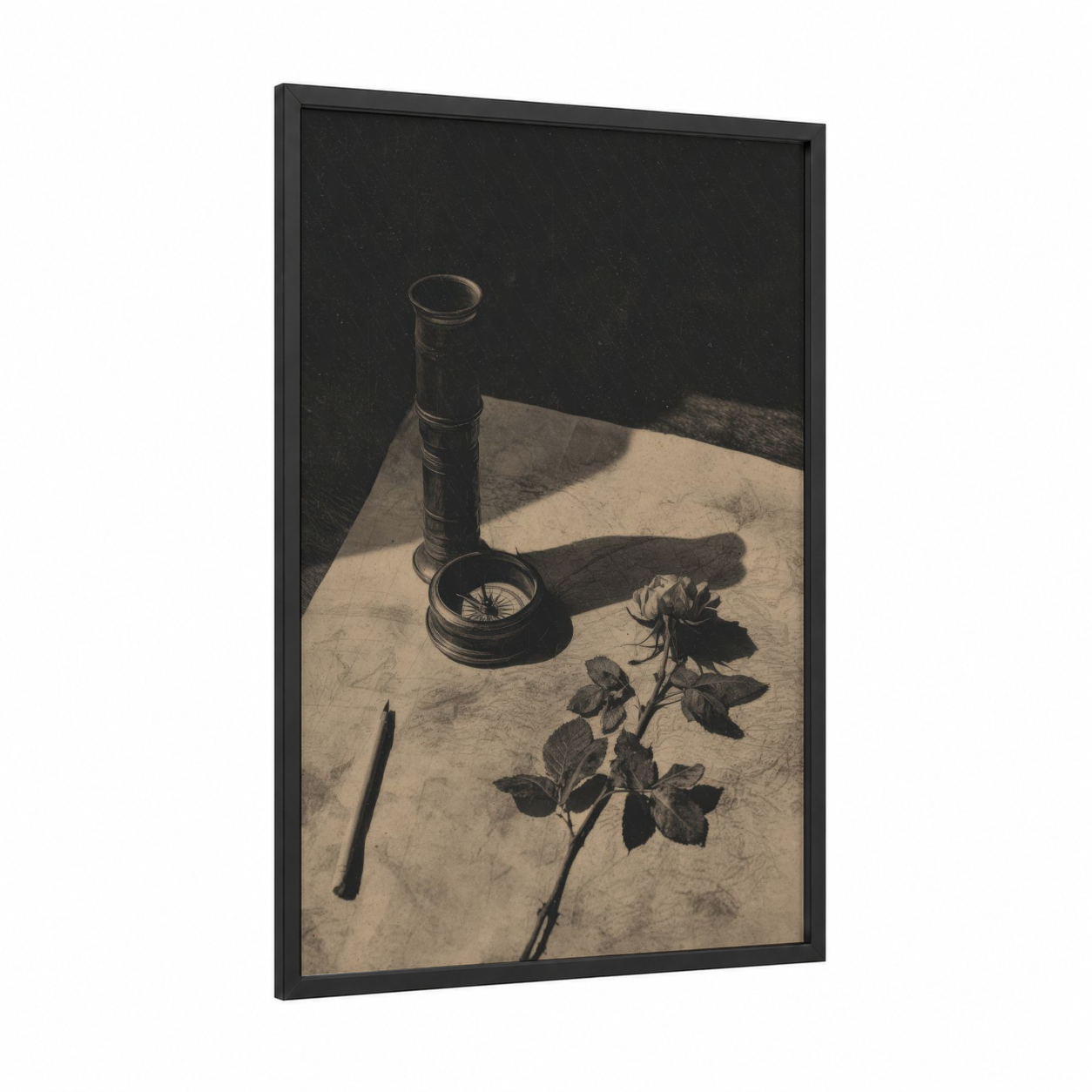 Vintage Navigation Study framed spyglass print — black wood frame — black and white and beige palette