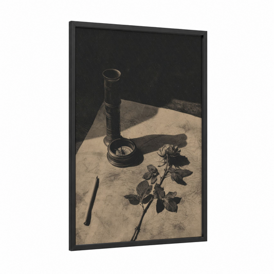 Vintage Navigation Study framed spyglass print — black wood frame — black and white and beige palette