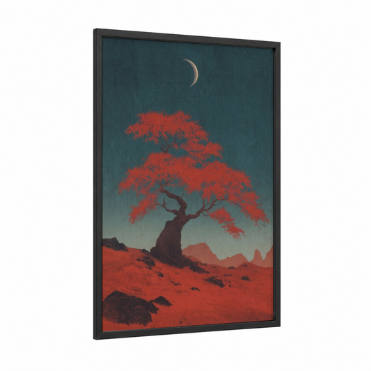 Crimson Desert Tree framed dark fantasy print — black wood frame — red and teal palette