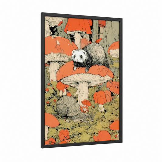 Mushroom Ferret framed art print — black wood frame — orange and sage green palette