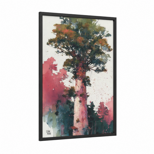 Crimson Kauri framed kauri tree print — black wood frame — rose gold and dark green palette