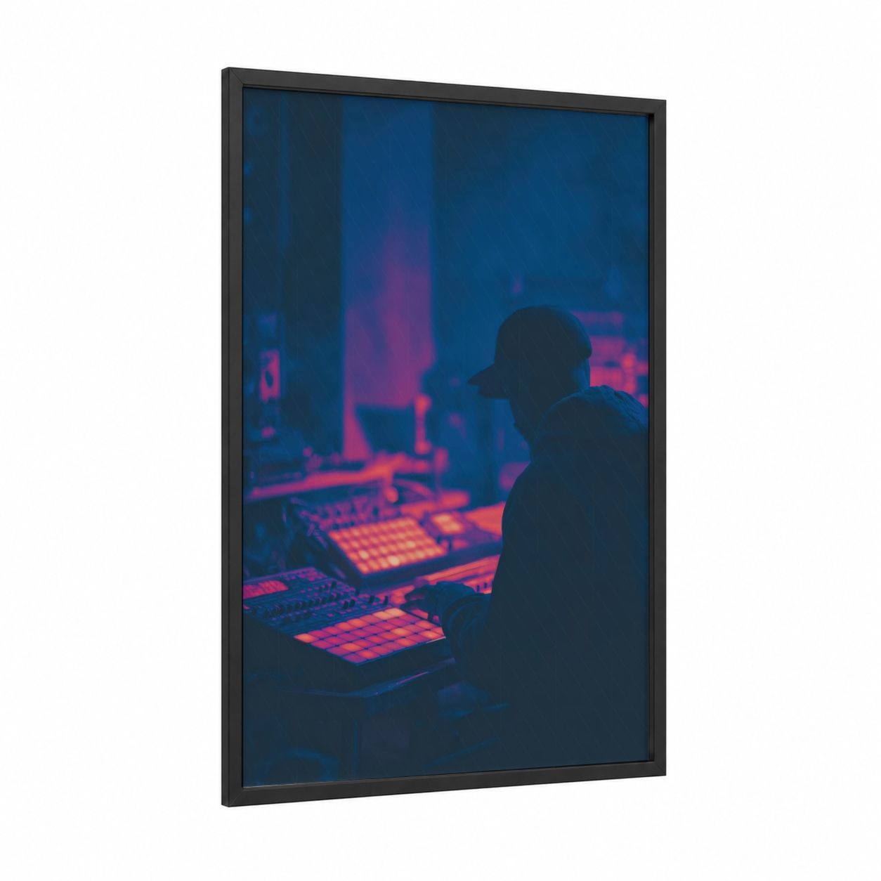 Neon Studio Producer framed hiphop print — black wood frame — blue and magenta palette