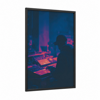 Neon Studio Producer framed hiphop print — black wood frame — blue and magenta palette