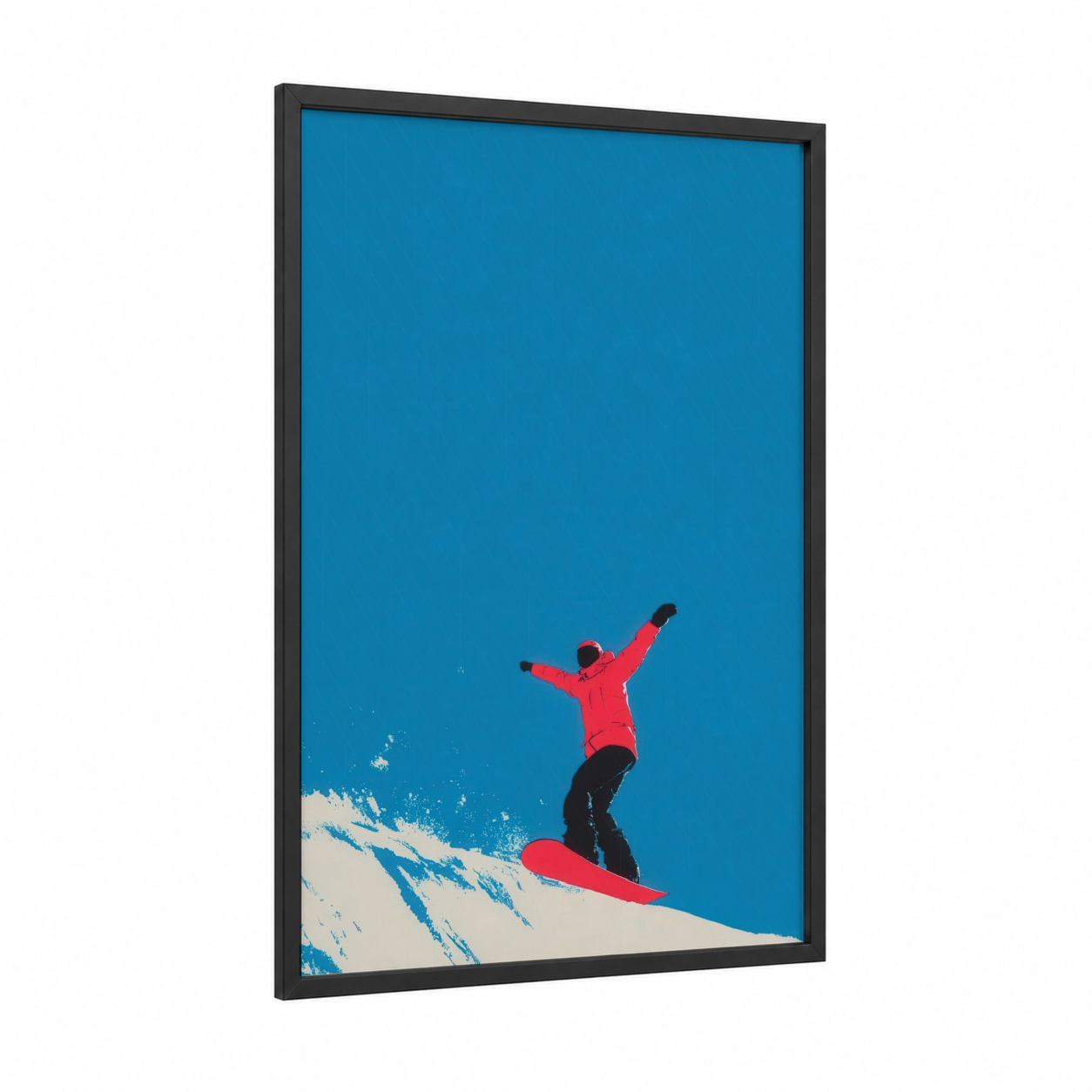 Victory Snowboarder framed snowboarding print — black wood frame — blue and red palette