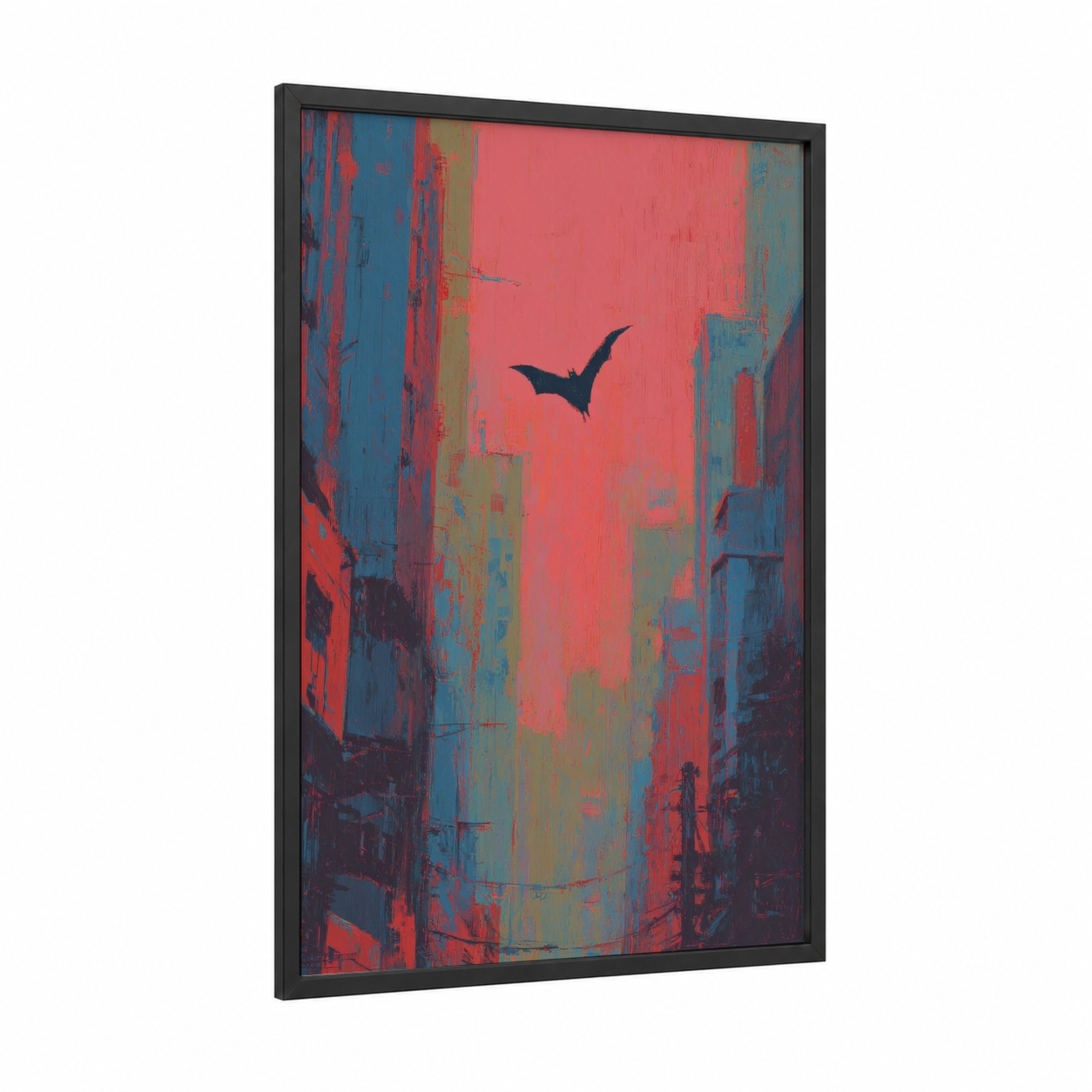 Urban Bat Flight framed art print — black wood frame — red and blue palette