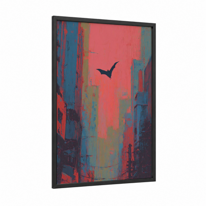 Urban Bat Flight framed art print — black wood frame — red and blue palette