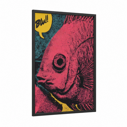 Neon Discus Fish framed art print — black wood frame — magenta and teal palette