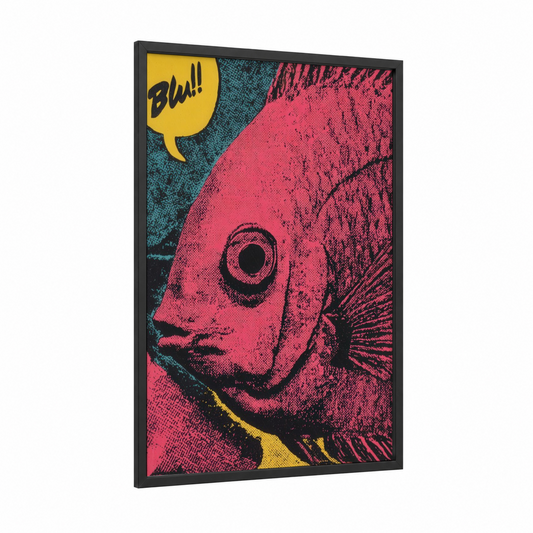 Neon Discus Fish framed art print — black wood frame — magenta and teal palette