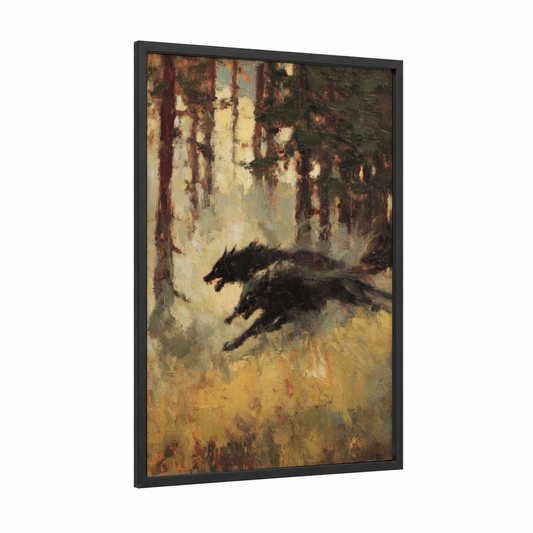 Forest Werewolf framed art print — black wood frame — gold and brown palette