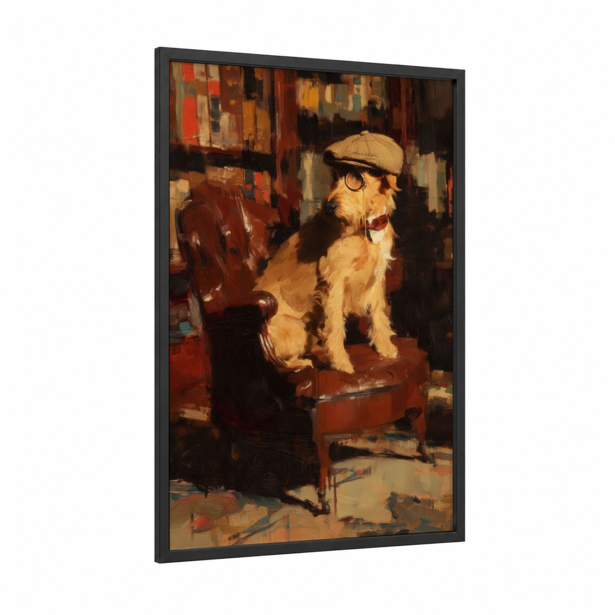 Dapper Terrier framed art print — black wood frame — russet and gold palette