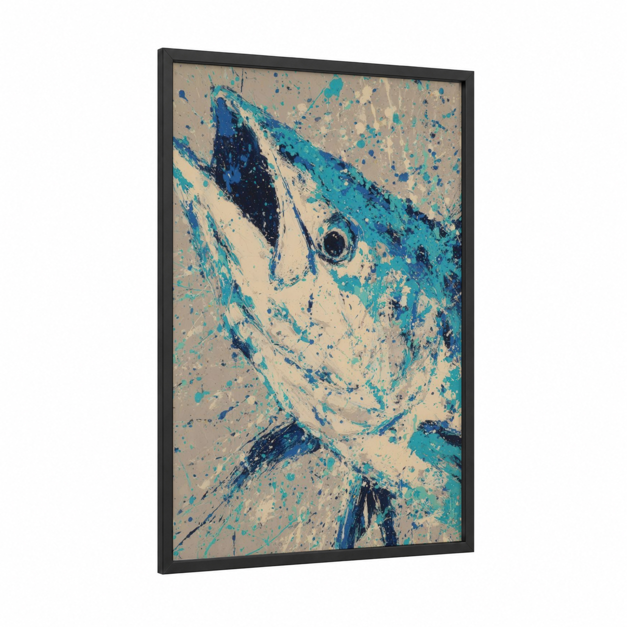 Turquoise Tarpon framed art print — black wood frame — turquoise and blue palette
