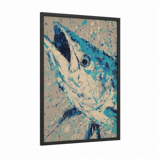 Turquoise Tarpon framed art print — black wood frame — turquoise and blue palette