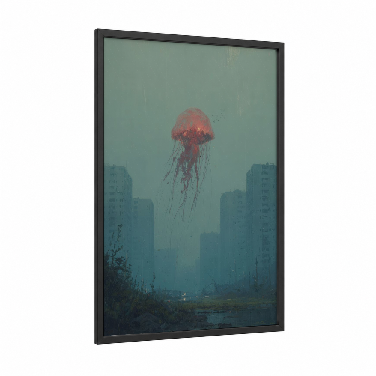 Crimson Jellyfish framed art print — black wood frame — teal and salmon pink palette