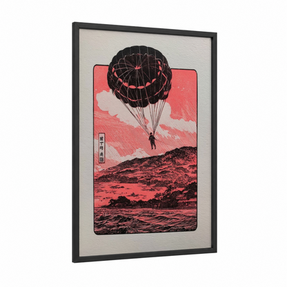Sunset Parasailing framed art print — black wood frame — salmon pink and black palette