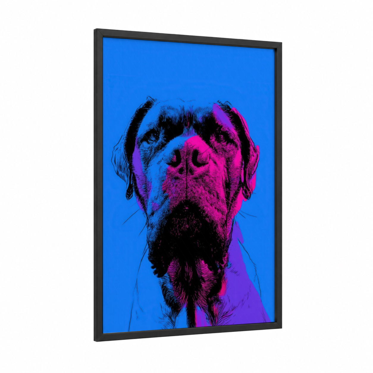Pop Art Mastiff framed art print — black wood frame — blue and magenta palette