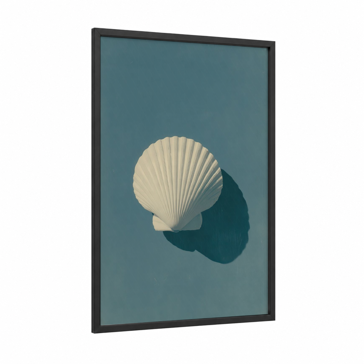 Cream Seashell framed art print — black wood frame — teal and cream palette