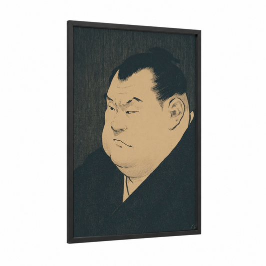 Contemplative Sumo Wrestler framed art print — black wood frame — cream and black palette