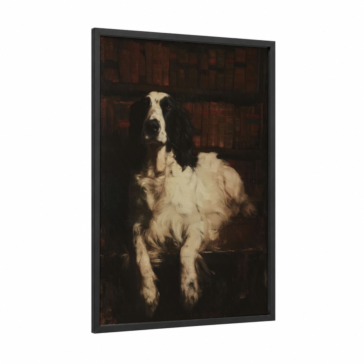 Library Spaniel framed art print — black wood frame — black and white and brown palette