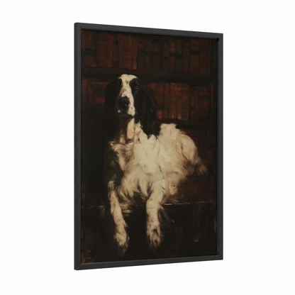 Library Spaniel framed art print — black wood frame — black and white and brown palette
