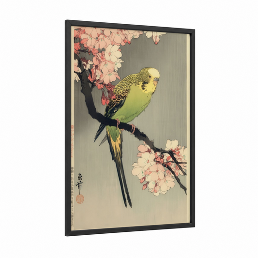 Cherry Blossom Parakeet framed budgeridar print — black wood frame — cream and light green palette