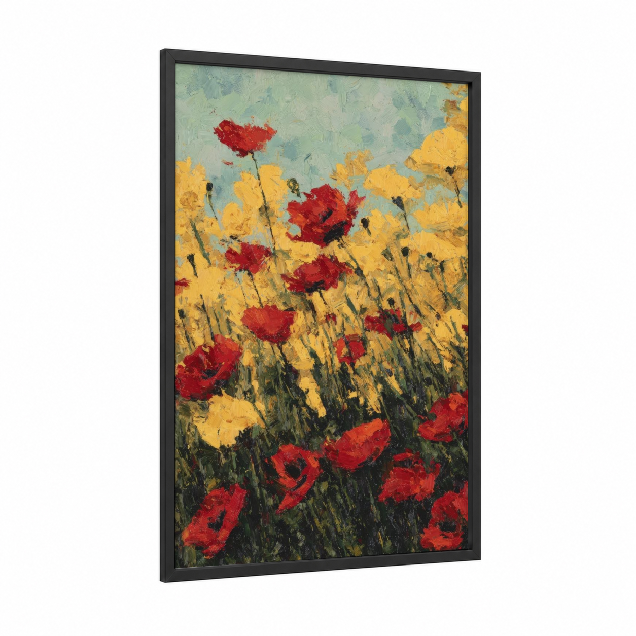 Red Poppy Field framed poppies print — black wood frame — red and yellow gold palette